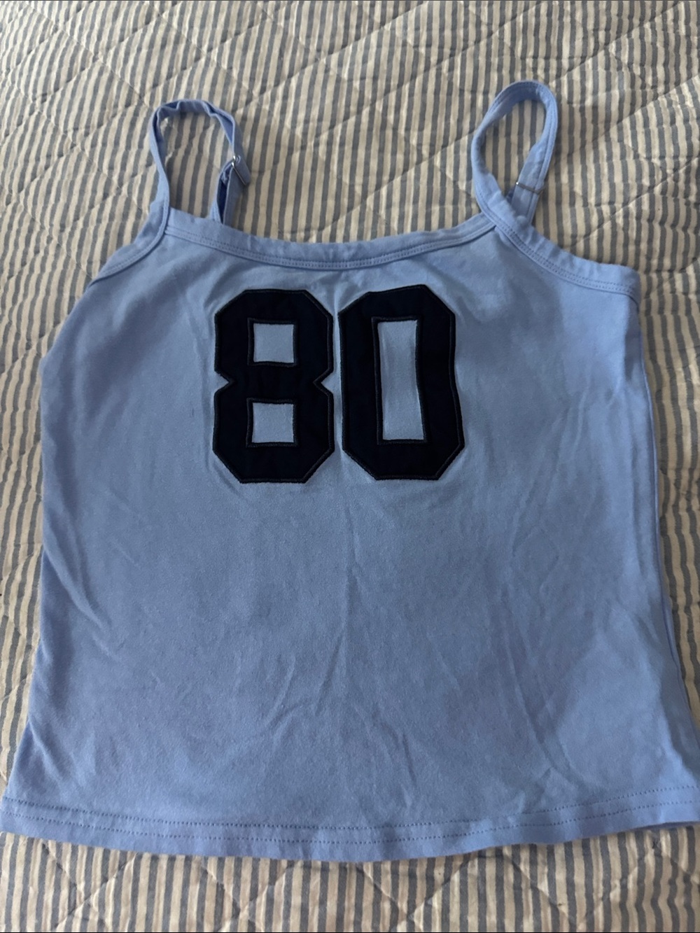 Edikted Light Blue Spaghetti-Strap Tank Top with Navy '80' Applique